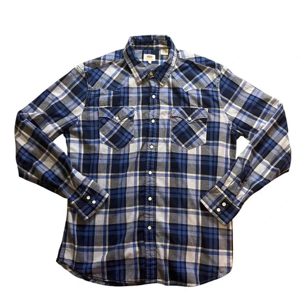 Levis Mens Blue Plaid Long Sleeve Western Snap Button Up Shirt Large Cowboy